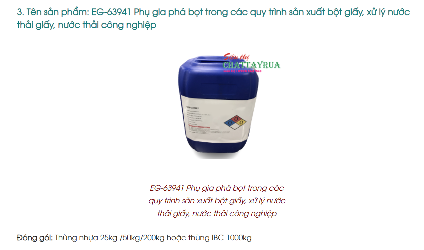  EG-63941 Phụ gia phá bọt trong các quy trình sản xuất bột giấy, xử lý nước thải giấy